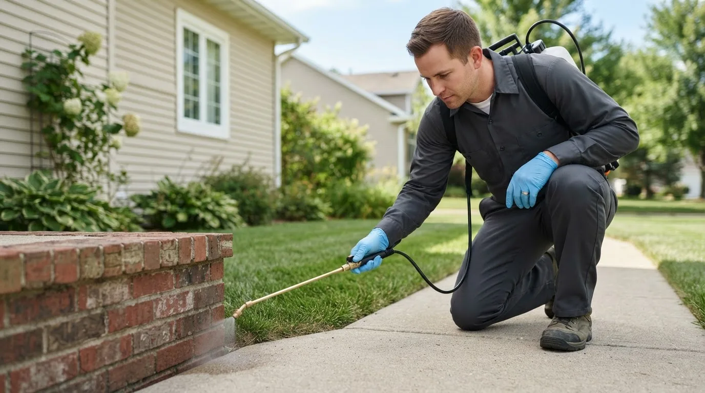 Pest control technician treating a home near Belews Creek, NC